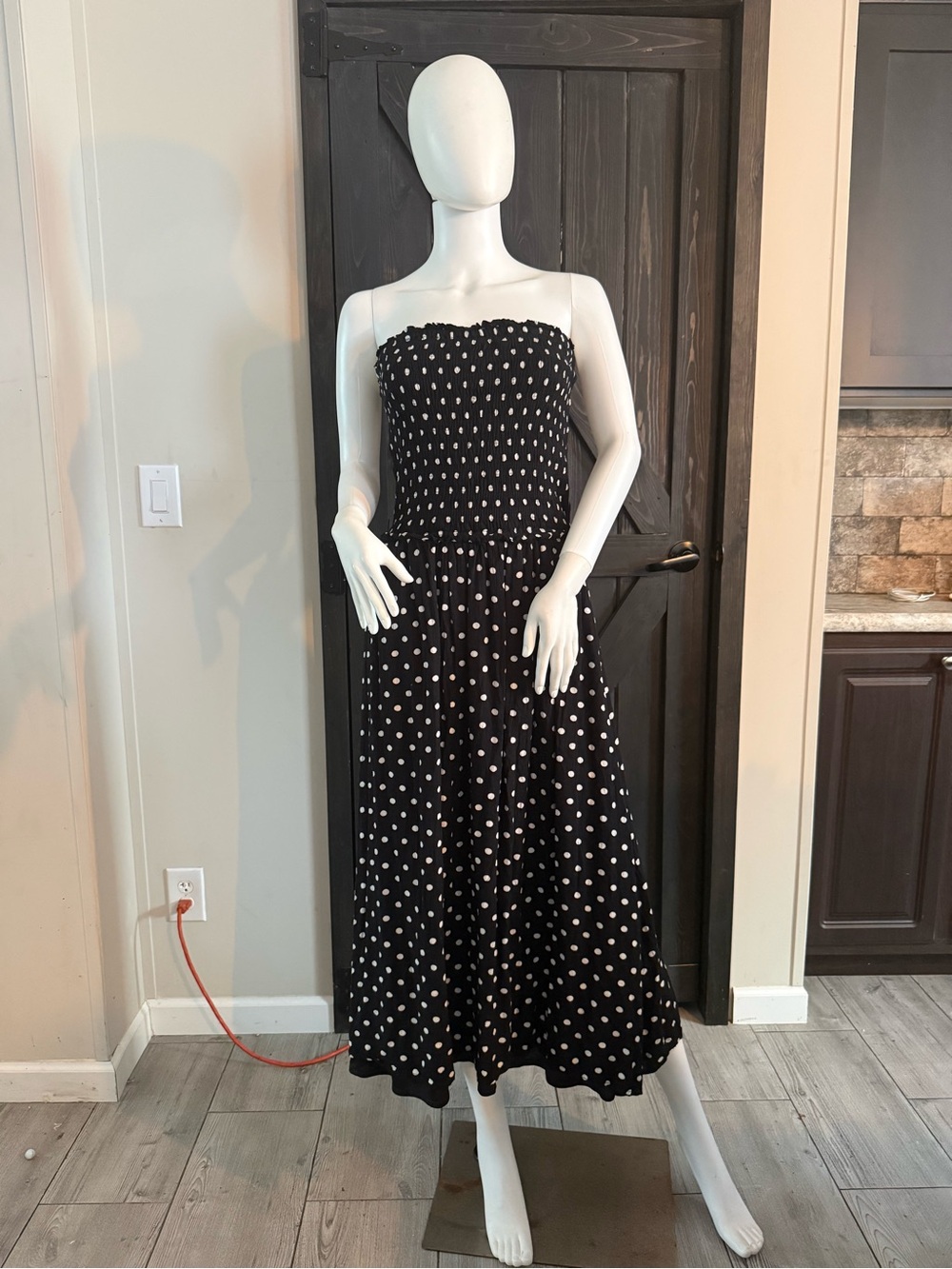 Polka Dot Strapless Midi Dress in Black - Picture 2 of 4